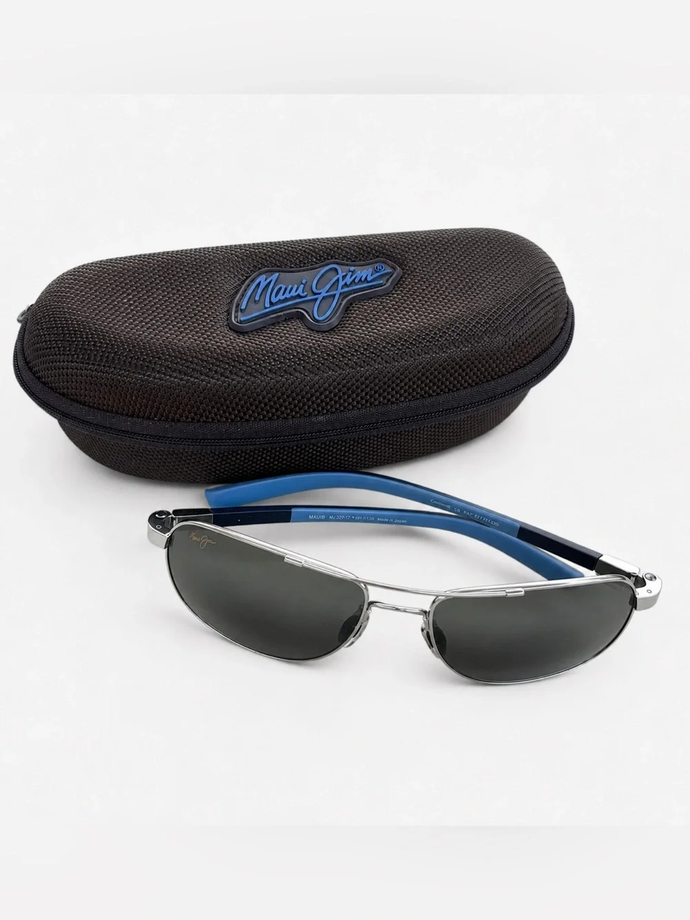 Maui Jim Polarized Aviator Sunglasses Silver Blue Frame w/ Case & Cleaning Pouch
